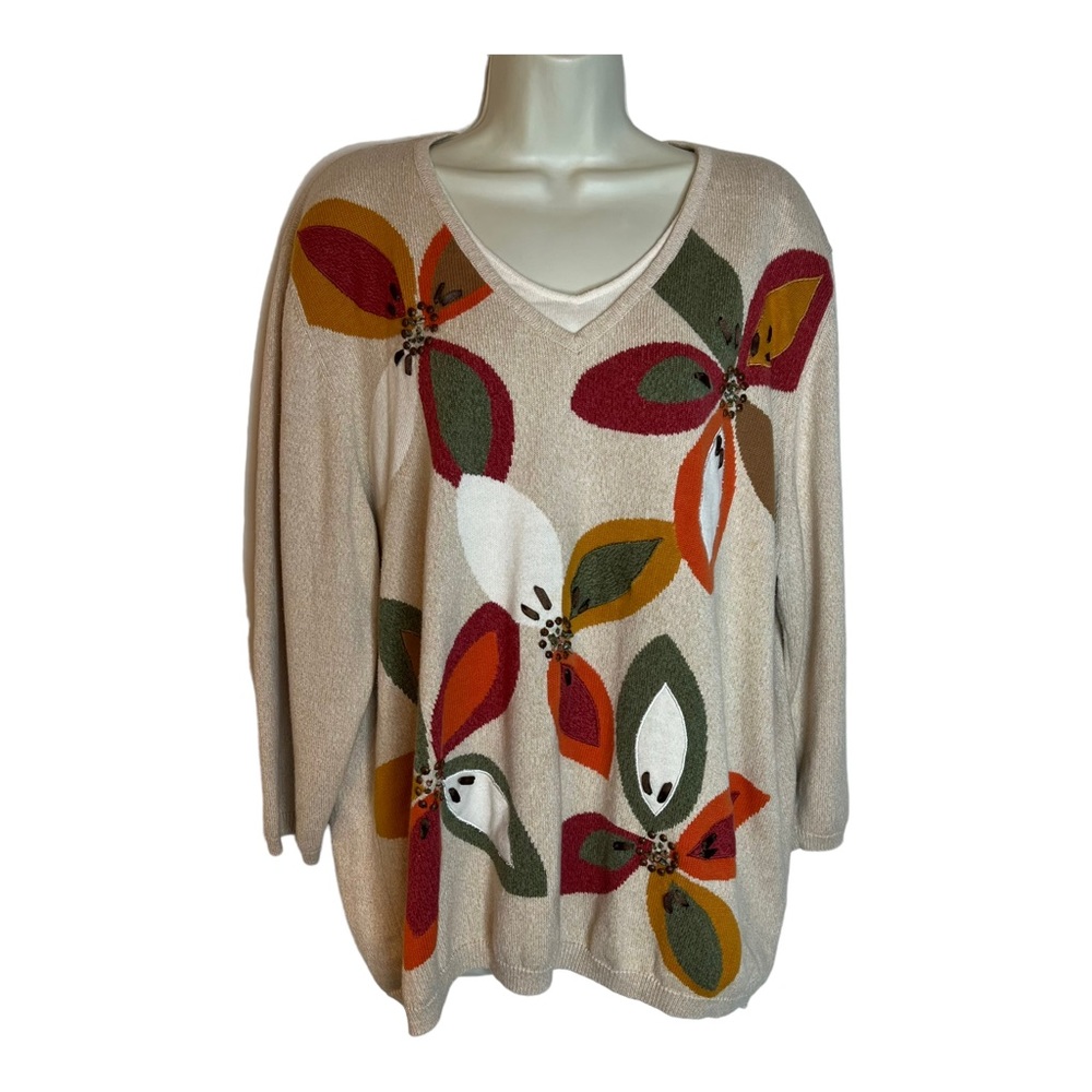 Vintage Alfred Dunner Ramie Cotton Knit Flower Power Mod Retro Sweater